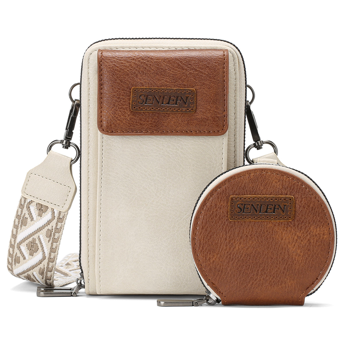 Women's Crossbody Phone Bag with Coin Pouch PU Leather Shoulder Purse Adjustable Wide Strap for Travel &amp; Daily Use White &amp; Brown