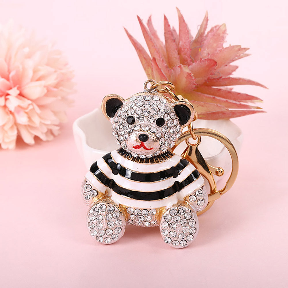 Black Stripe Crystal Bear Keychain Sparkly Rhinestone Bag Charm Cute Alloy Keyring Gift