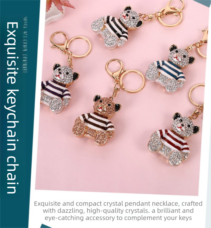 Peach Stripe Crystal Bear Keychain Sparkly Rhinestone Bag Charm Cute Alloy Keyring Gift
