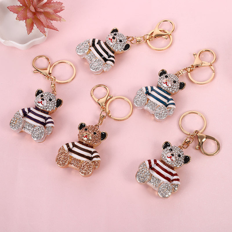 Peach Stripe Crystal Bear Keychain Sparkly Rhinestone Bag Charm Cute Alloy Keyring Gift