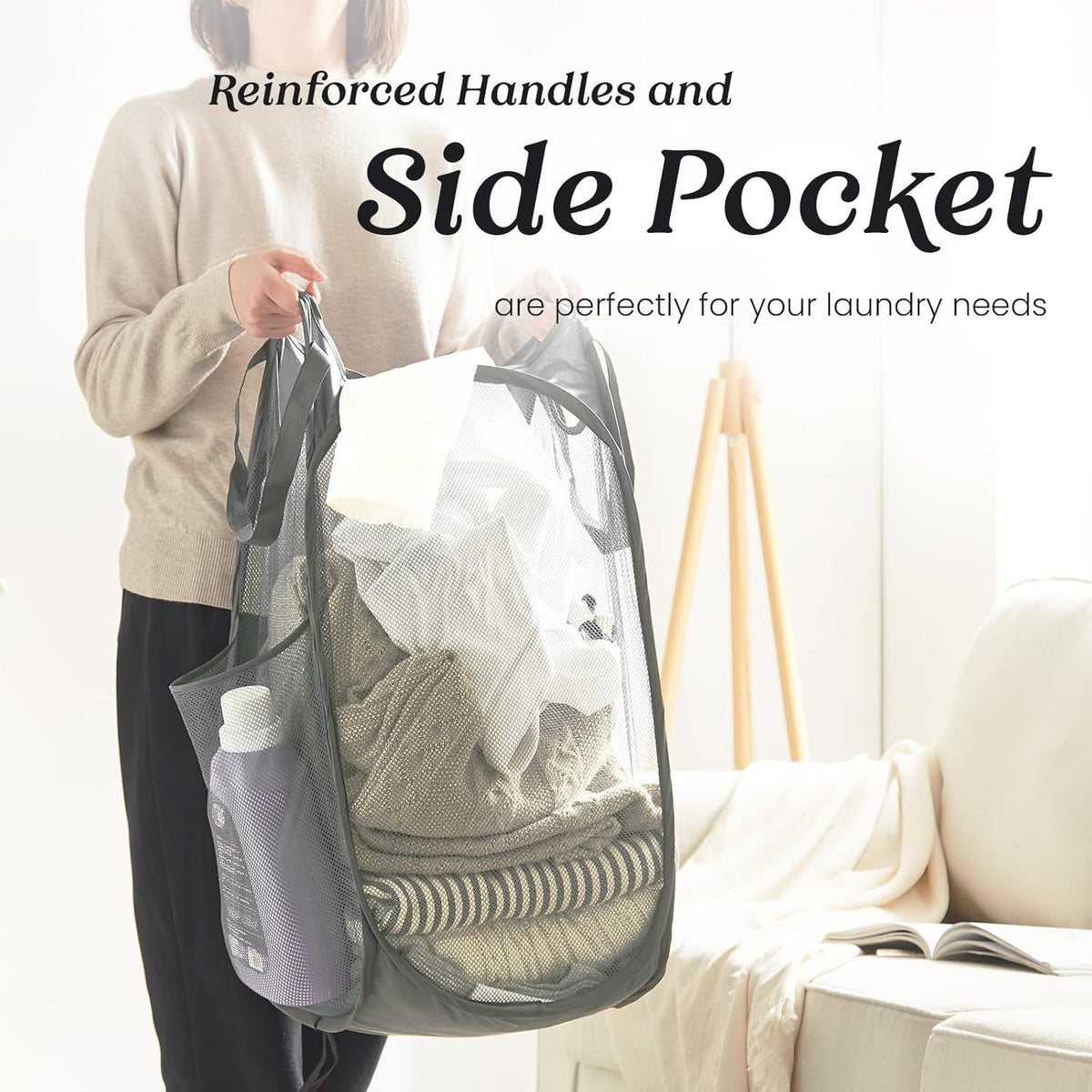 2 PCS Mesh Pop Up Laundry Hamper Collapsible Washing Basket with Side Pocket & Reinforced Handles Portable Dirty Clothes Bin for Dorm Travel & Toy Storage (Black & Grey)