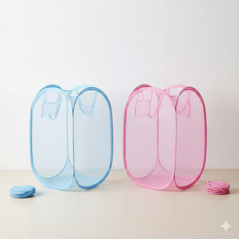 2 PCS Mesh Pop Up Laundry Hamper Collapsible Washing Basket with Side Pocket &amp; Reinforced Handles Portable Dirty Clothes Bin for Dorm Travel &amp; Toy Storage (Sky Blue &amp; Pink)