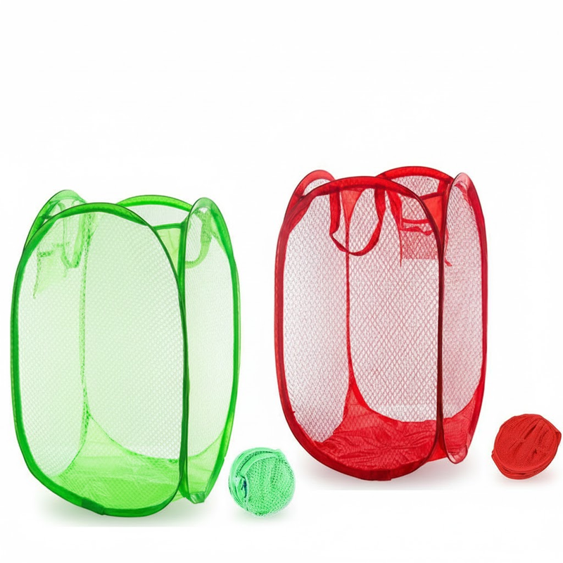 2 PCS Mesh Pop Up Laundry Hamper Collapsible Washing Basket with Side Pocket &amp; Reinforced Handles Portable Dirty Clothes Bin for Dorm Travel &amp; Toy Storage (Green &amp; Red)