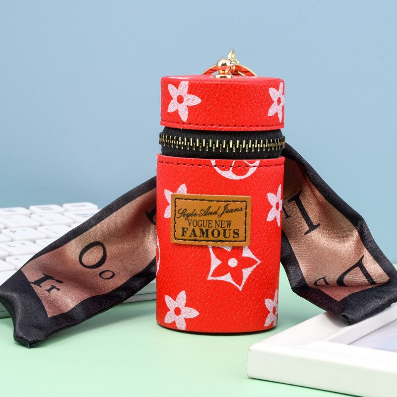 Red Mini Cylinder Lipstick Case Keychain with Silk Scarf Charm PU Leather Coin Purse Bag Pendant for Earphones Keys Vintage Floral Pattern