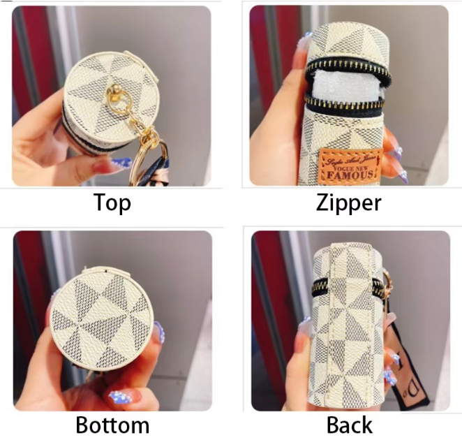 Khaki Mini Cylinder Lipstick Case Keychain with Silk Scarf Charm PU Leather Coin Purse Bag Pendant for Earphones Keys Vintage Floral Pattern