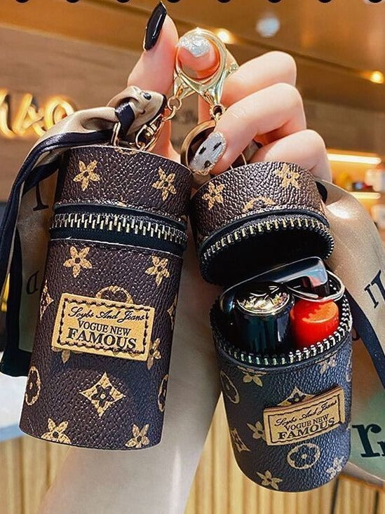 Khaki Mini Cylinder Lipstick Case Keychain with Silk Scarf Charm PU Leather Coin Purse Bag Pendant for Earphones Keys Vintage Floral Pattern