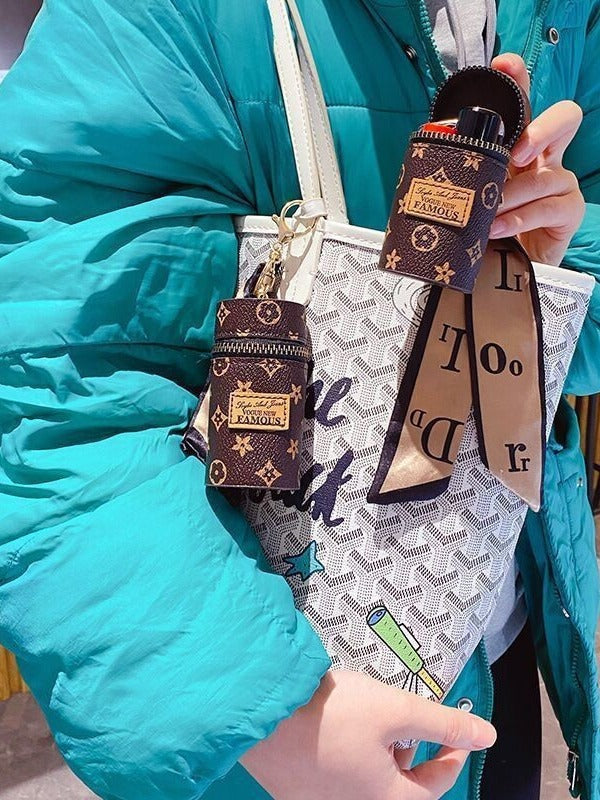 Women's Mini Cylinder Lipstick Case Keychain Pink Geometric Triangle Pattern Coin Purse with Silk Scarf Bag Charm for Earphones Keys