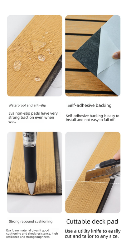 EVA Faux Teak Boat Flooring Border Trim Self Adhesive Marine Decking Strip Non Slip Foam Sheet for Yacht Caravan RV (Light Brown & Black, 240cm x 5.7cm)