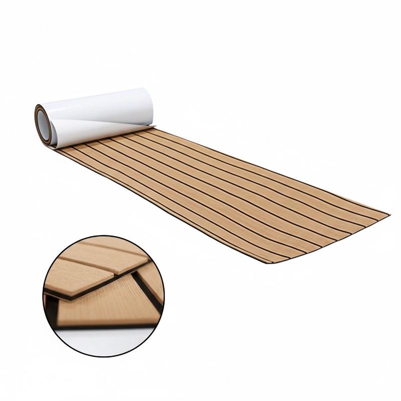 EVA Faux Teak Boat Flooring Sheet Marine Decking Mat Self Adhesive Non Slip Foam for Yacht Caravan &amp; RV (Light Brown &amp; Black, 240cm x 45cm)