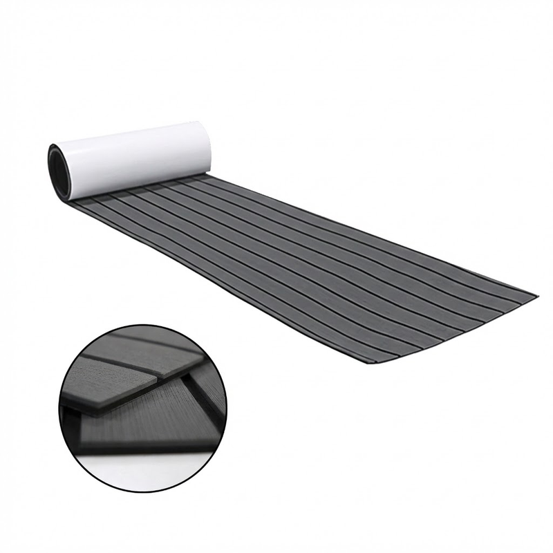 EVA Faux Teak Boat Flooring Sheet Marine Decking Mat Self Adhesive Non Slip Foam for Yacht Caravan &amp; RV (Dark Grey &amp; Black, 240cm x 45cm)