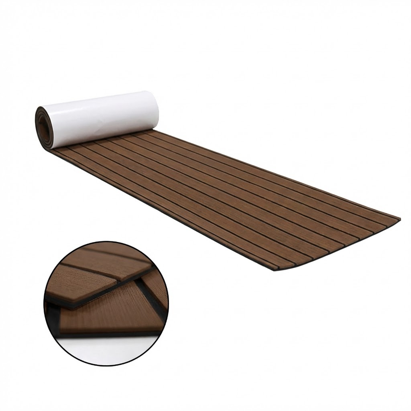 EVA Faux Teak Boat Flooring Sheet Marine Decking Mat Self Adhesive Non Slip Foam for Yacht Caravan &amp; RV (Dark Brown &amp; Black, 240cm x 45cm)