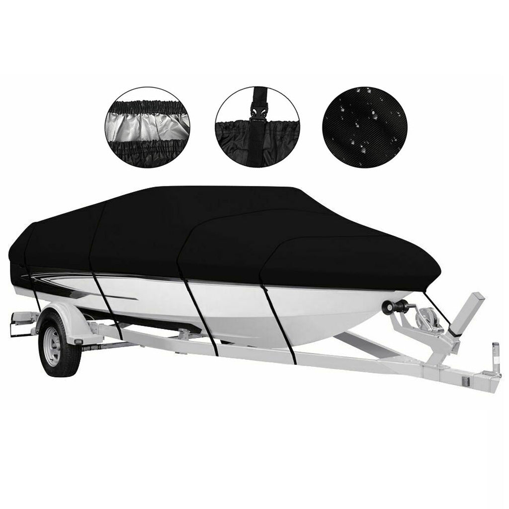 Waterproof Boat Cover 11-13ft Trailerable V-Hull Runabout UV Resistant Marine Grade Storage Tarpaulin with Straps (Black, 420cm x 270cm)