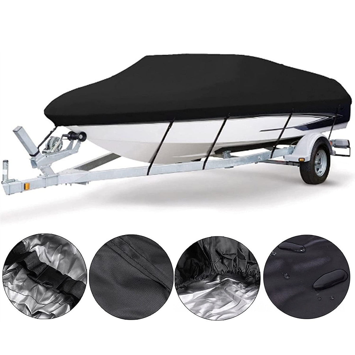 14-16ft Waterproof Boat Cover Trailerable V-Hull Runabout UV Resistant Marine Grade Storage Tarp with Straps (Black, 530cm x 290cm)