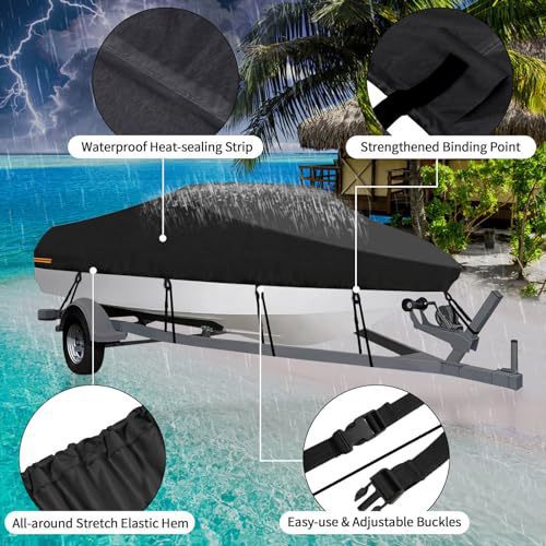 16-18ft Waterproof Boat Cover Trailerable V-Hull Runabout UV Resistant Marine Grade Storage Tarpaulin with Straps (Black, 570cm x 300cm)