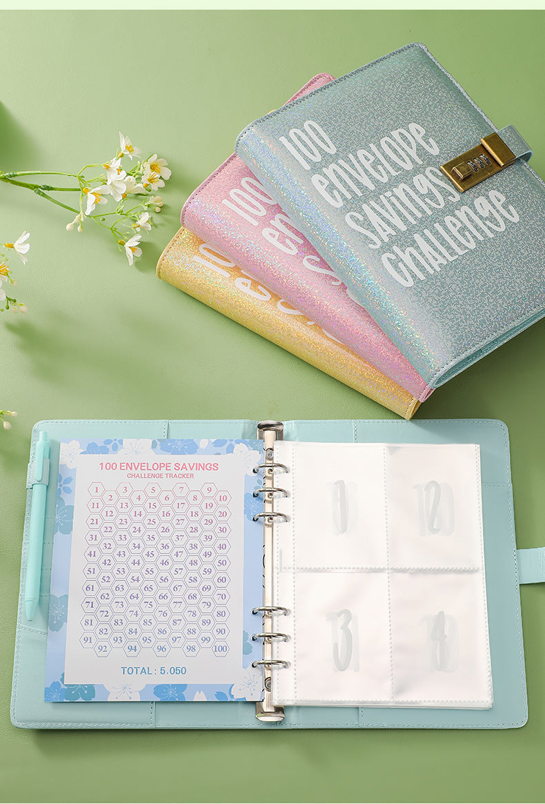 100 Envelope Savings Challenge Binder with Password Lock A5 Cash Stuffing Budget Planner Book Money Organizer for Couples (Blue)