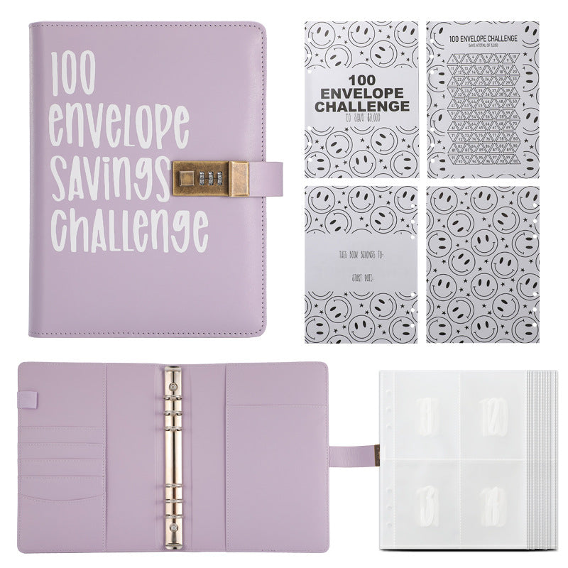 100 Envelope Savings Challenge Binder with Password Lock A5 Cash Stuffing Budget Planner Book Money Organizer for Couples (Purple)