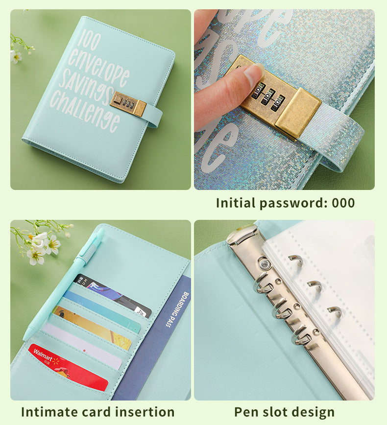 100 Envelope Savings Challenge Binder with Password Lock Holographic Pink A5 Cash Stuffing Budget Planner Book Money Organiser for Couples (Glitter Pink)