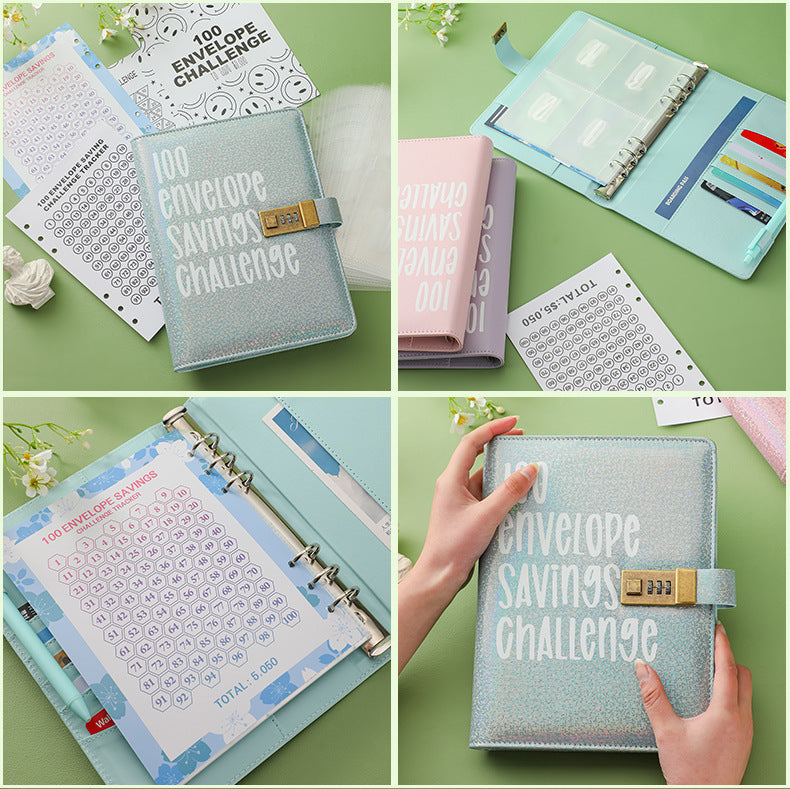 100 Envelope Savings Challenge Binder with Password Lock Holographic Pink A5 Cash Stuffing Budget Planner Book Money Organiser for Couples (Glitter Pink)