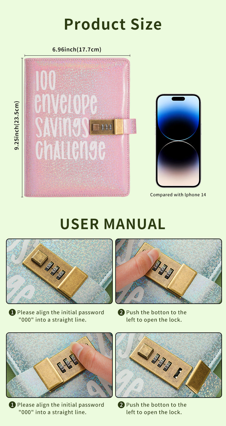100 Envelope Savings Challenge Binder with Password Lock Holographic Blue A5 Cash Stuffing Budget Planner Book Money Organiser for Couples (Glitter Blue)