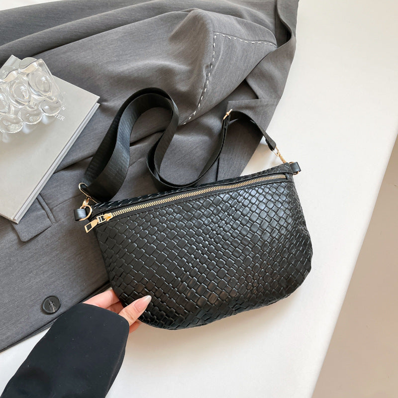 Women's Woven Crossbody Dumpling Bag Soft Vegan Leather Chest Waist Pack with Wide Adjustable Strap for Travel &amp; Festivals (Black)