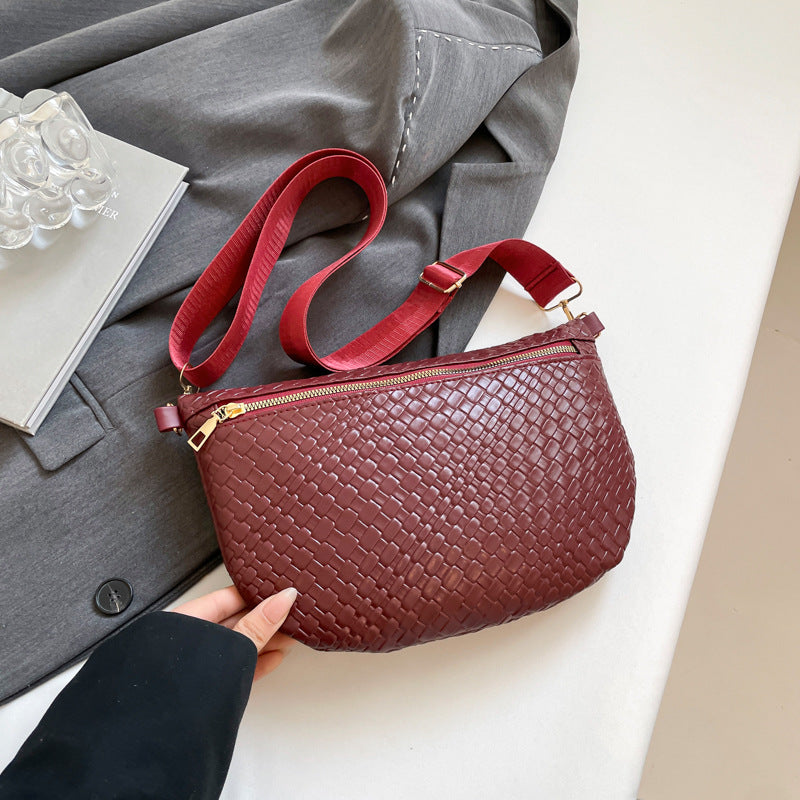 Women's Woven Crossbody Dumpling Bag Soft Vegan Leather Chest Waist Pack with Wide Adjustable Strap for Travel & Festivals (Red)