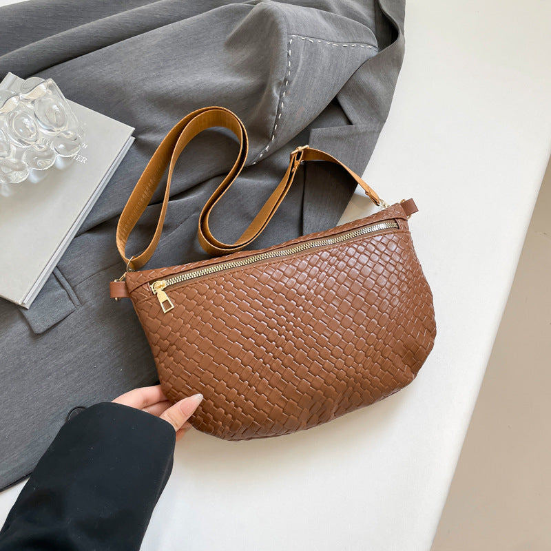 Women's Woven Crossbody Dumpling Bag Soft Vegan Leather Chest Waist Pack with Wide Adjustable Strap for Travel & Festivals (Brown)