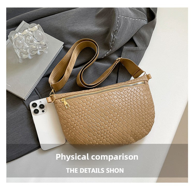 Women's Woven Crossbody Dumpling Bag Soft Vegan Leather Chest Waist Pack with Wide Adjustable Strap for Travel & Festivals (Khaki)