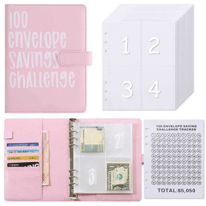 100 Envelope Savings Challenge Binder A5 Budget Planner Book PU Leather Cash Stuffing Money Organiser with Magnetic Closure &amp; Tracker (Pink)