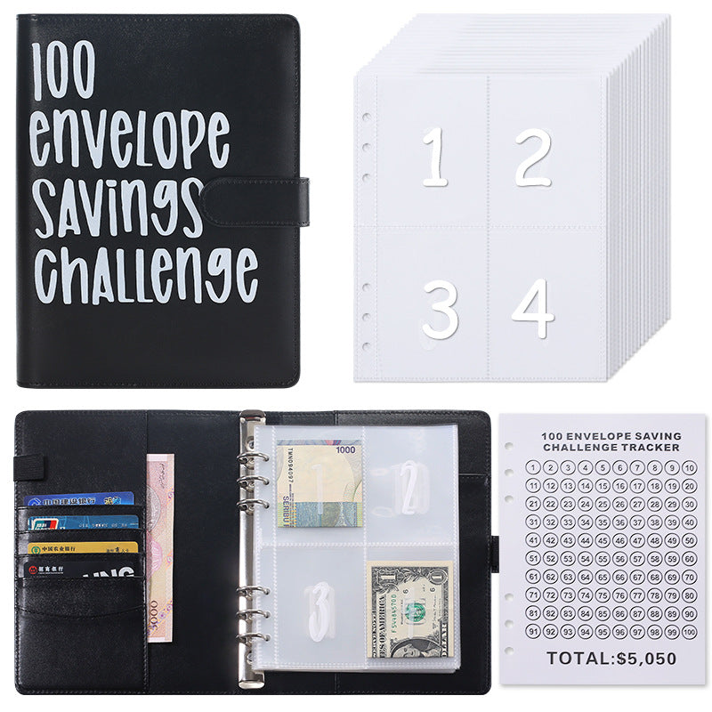 100 Envelope Savings Challenge Binder A5 Budget Planner Book PU Leather Cash Stuffing Money Organiser with Magnetic Closure &amp; Tracker (Black)