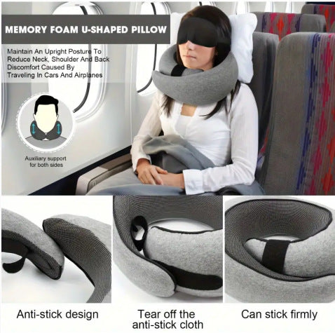 Memory Foam Travel Neck Pillow 360 Support Adjustable Snail Shape Chin Rest for Long Haul Flights Car & Office Portable with Storage Bag (Grey)