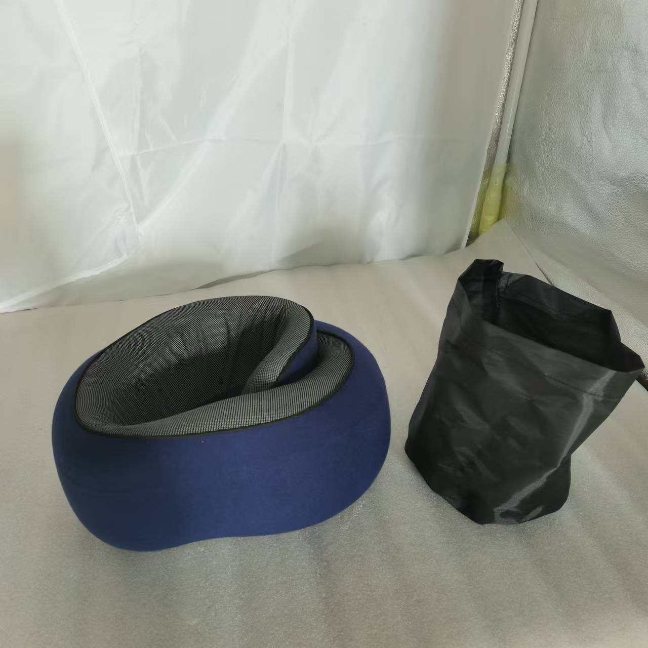 Memory Foam Travel Neck Pillow 360 Support Adjustable Snail Shape Chin Rest for Long Haul Flights Car & Office Portable with Storage Bag (Navy Blue)