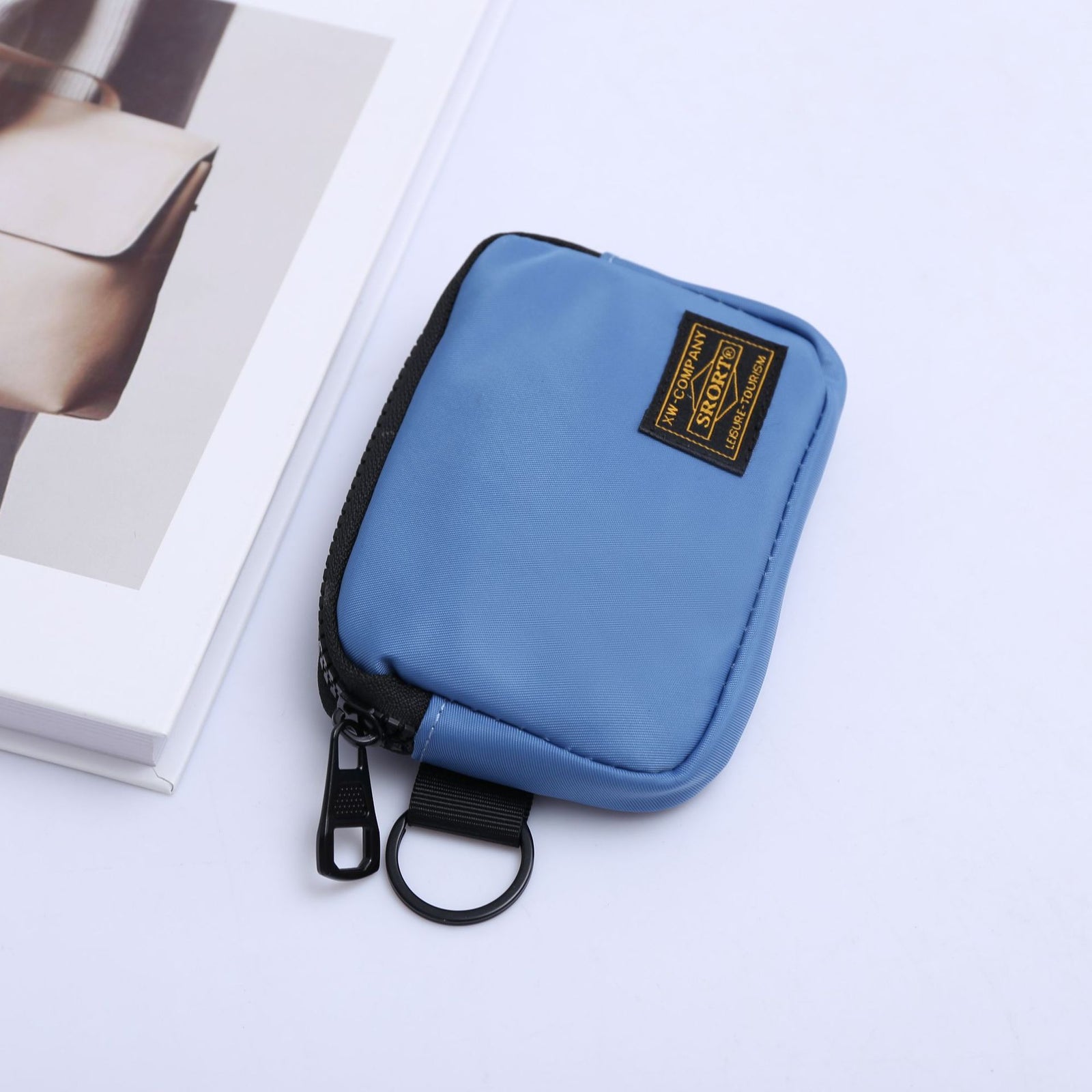 Small Nylon Coin Purse Zip Wallet Waterproof Mini Pouch Key Card Holder Lightweight EDC Organizer Denim Blue (12x9cm)