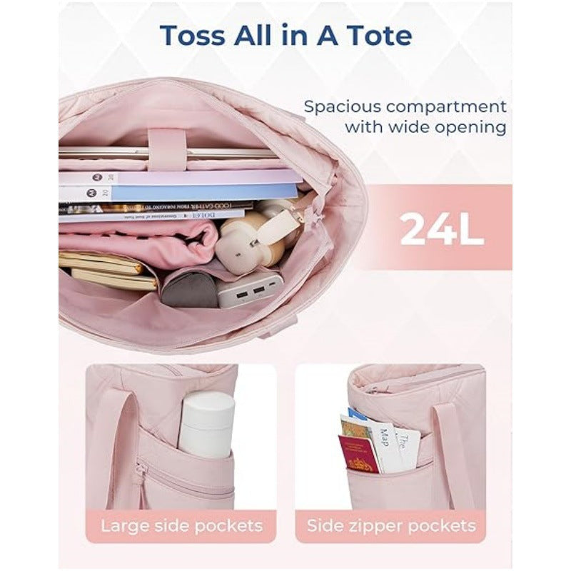 Womens Puffer Tote Bag Quilted Nylon Shoulder Handbag Large Capacity Laptop Work Travel Gym Carryall Bag with Zipper Pink