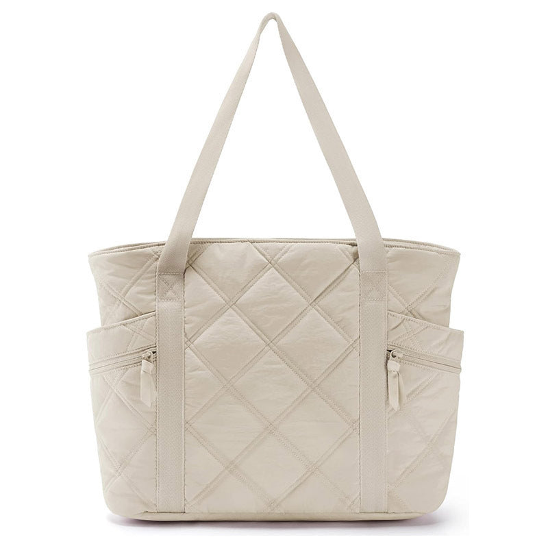 Womens Puffer Tote Bag Quilted Nylon Shoulder Handbag Large Capacity Laptop Work Travel Gym Carryall Bag with Zipper Beige