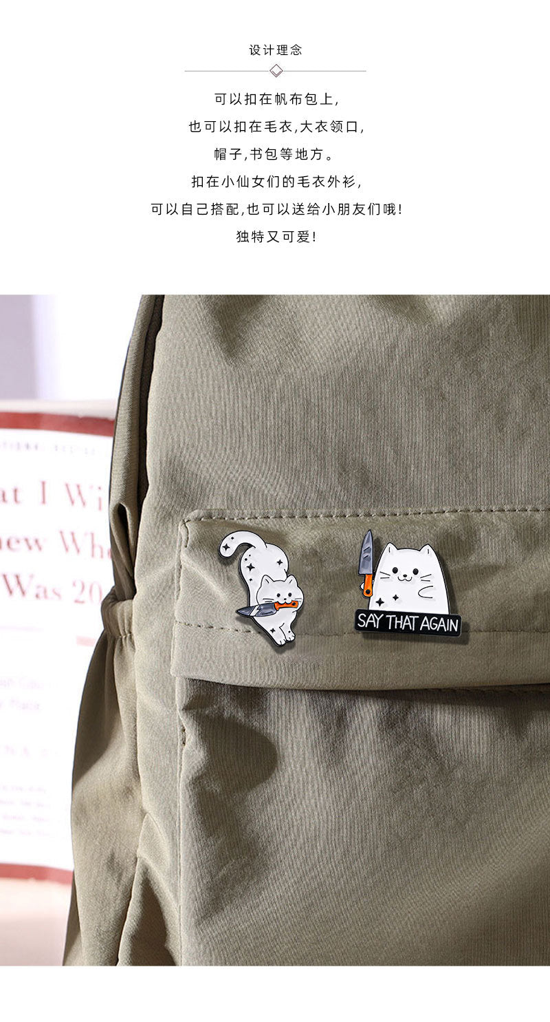 4 PCS Funny White Cat with Knife Enamel Pins Set Cute Cartoon Lapel Badge Brooch for Backpacks Denim Jackets Sassy Aesthetic Gift