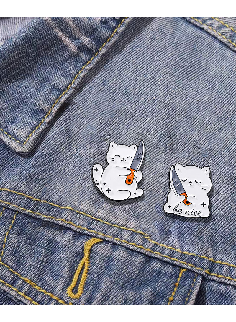 4 PCS Funny White Cat with Knife Enamel Pins Set Cute Cartoon Lapel Badge Brooch for Backpacks Denim Jackets Sassy Aesthetic Gift