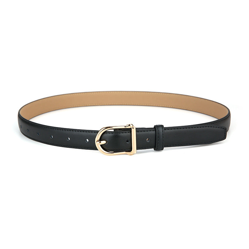 Women's Genuine Leather Thin Belt 2.3cm Width Minimalist Gold D-Shaped Buckle Casual Waist Strap for Jeans Dresses Black 105cm
