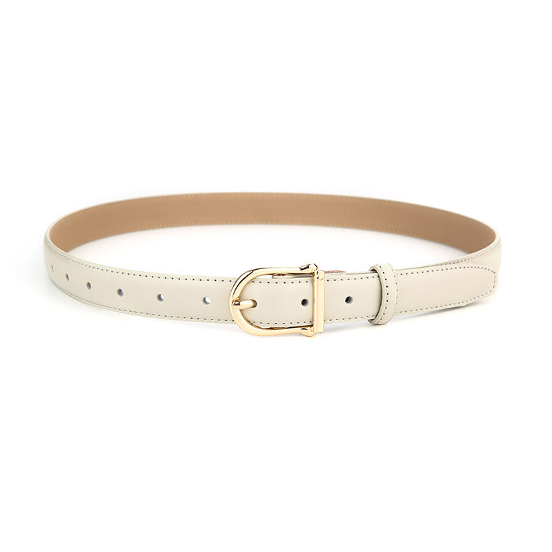 Women's Genuine Leather Thin Belt 2.3cm Width Minimalist Gold D-Shaped Buckle Casual Waist Strap for Jeans Dresses Grey 105cm