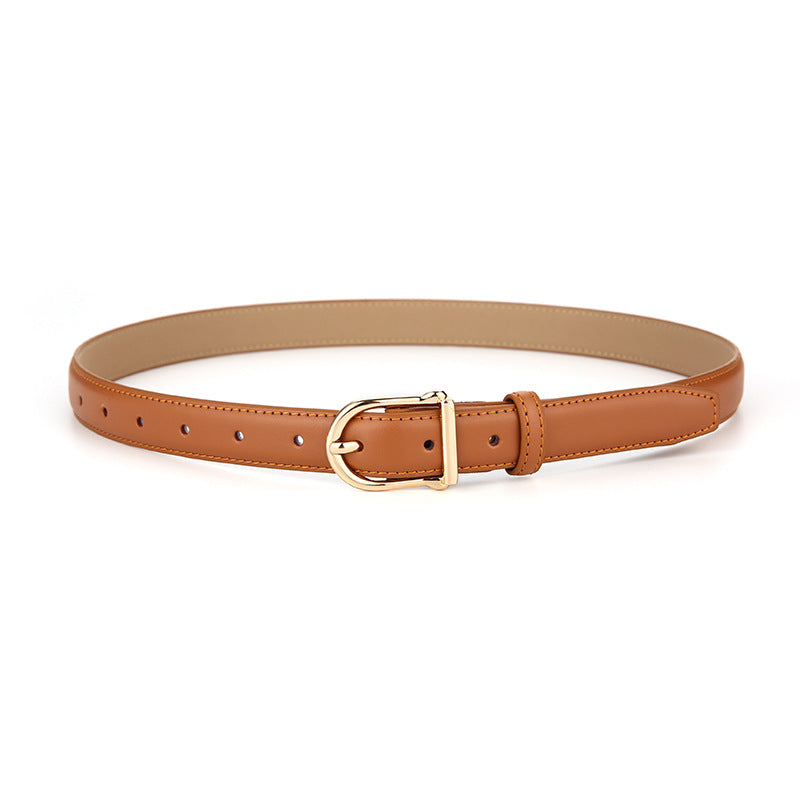 Women's Genuine Leather Thin Belt 2.3cm Width Minimalist Gold D-Shaped Buckle Casual Waist Strap for Jeans Dresses Camel 105cm