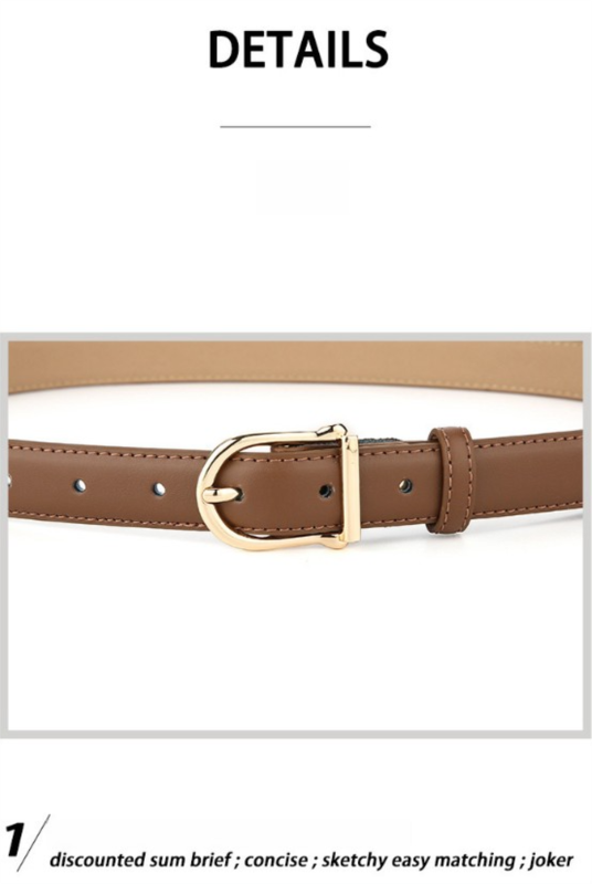 Women's Genuine Leather Thin Belt 2.3cm Width Minimalist Gold D-Shaped Buckle Casual Waist Strap for Jeans Dresses Caramel Color 105cm