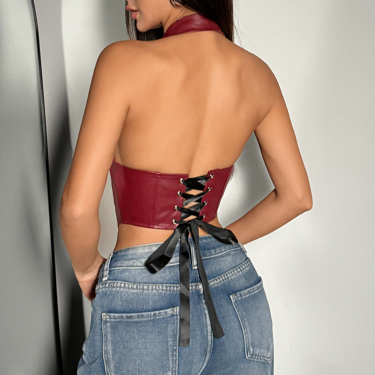 Womens Sexy PU Leather Halter Crop Top Deep V Neck Backless Faux Leather Vest Button Front Pointed Hem Clubwear Burgundy XS