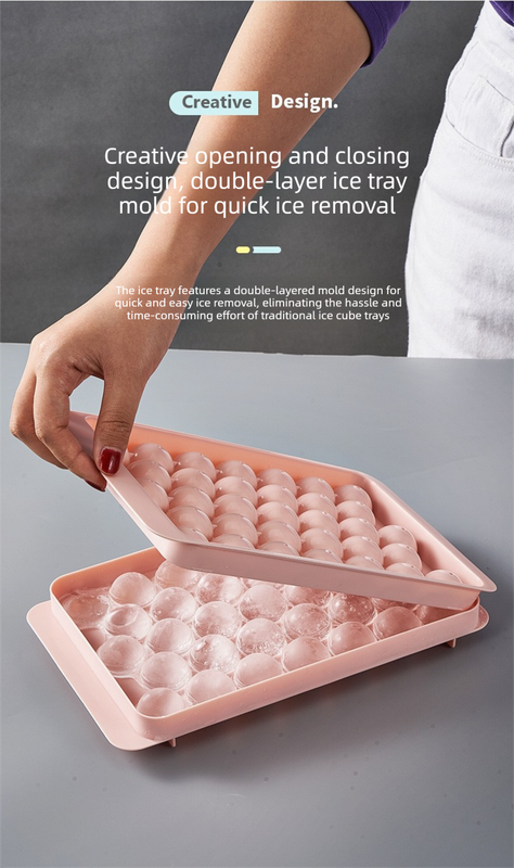 2 PCS Round Ice Cube Trays with Lids 33 Cavity Sphere Ice Ball Maker Mould Stackable Hard Plastic Easy Release for Cocktails Whiskey Pink