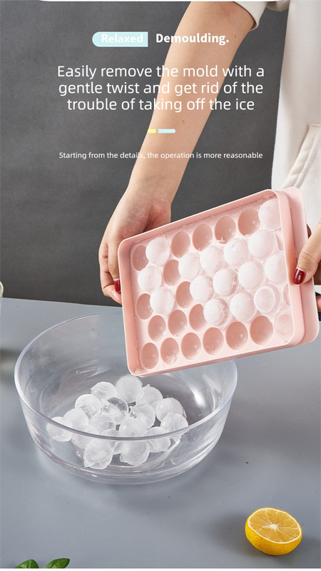 2 PCS Round Ice Cube Trays with Lids 33 Cavity Sphere Ice Ball Maker Mould Stackable Hard Plastic Easy Release for Cocktails Whiskey Pink