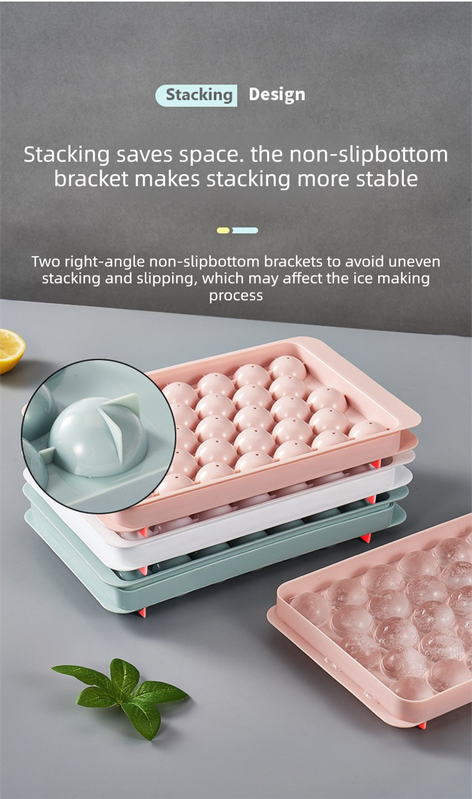 2 PCS Round Ice Cube Trays with Lids 33 Cavity Sphere Ice Ball Maker Mould Stackable Hard Plastic Easy Release for Cocktails Whiskey Pink