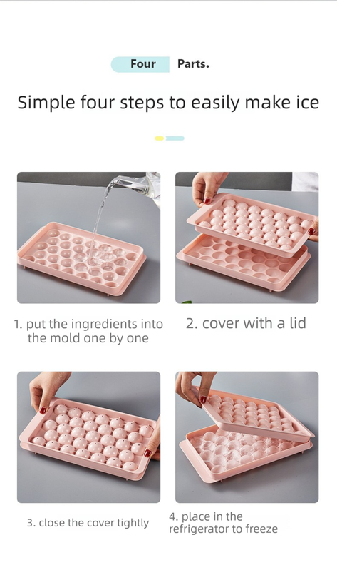 2 PCS Round Ice Cube Trays with Lids 33 Cavity Sphere Ice Ball Maker Mould Stackable Hard Plastic Easy Release for Cocktails Whiskey Pink