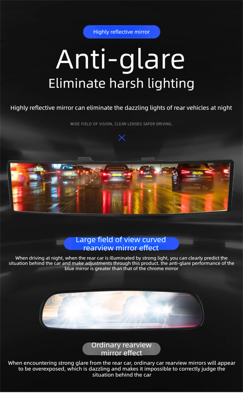 Panoramic Rear View Mirror Car Wide Angle Convex Curve Mirror Anti-Glare Universal Clip-On Interior Rearview Mirror 28.5cm Large Field of Vision