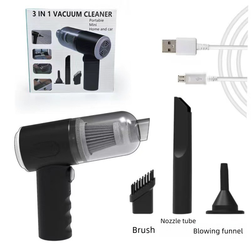 Black 3-in-1 Portable Cordless Mini Vacuum Cleaner Handheld Air Duster &amp; Blower USB Rechargeable Kit for Car Interior Home Office Keyboard Pet Hair