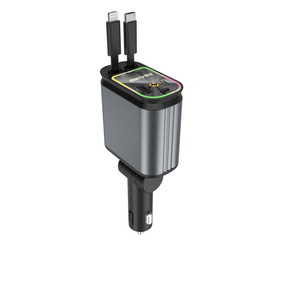 4-in-1 Retractable Car Charger Adapter 120W Max Fast Charging Dual Cables Type-C & Lightning Starry Sky Projector Light 12V-24V for iPhone Samsung