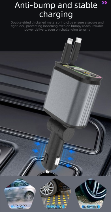 4-in-1 Retractable Car Charger Adapter 120W Max Fast Charging Dual Cables Type-C & Lightning Starry Sky Projector Light 12V-24V for iPhone Samsung