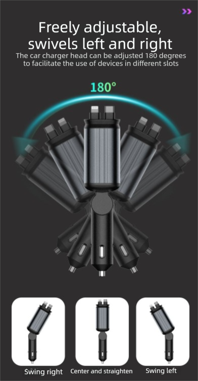 4-in-1 Retractable Car Charger Adapter 120W Max Fast Charging Dual Cables Type-C & Lightning Starry Sky Projector Light 12V-24V for iPhone Samsung